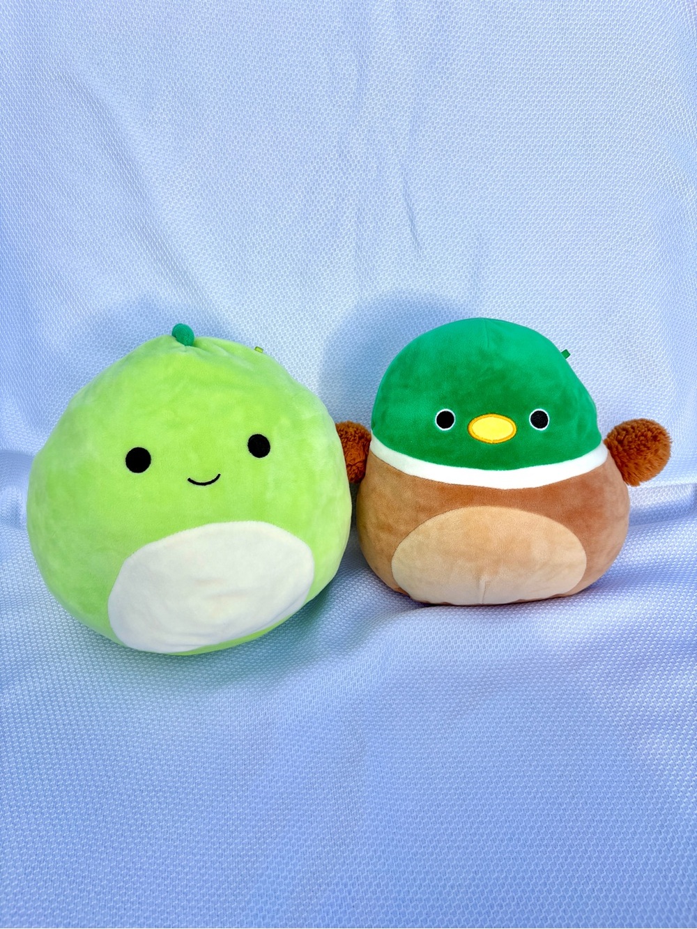 Squishmallows green Danny Dinosaur and brown Avery Duck